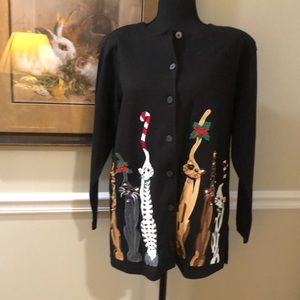 Christmas Cat Sweater Cardigan in Black by Bechamel Petite Medium Excellent Cond